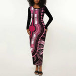Polynesia Mixed African Dashiki Long Sleeve Bodycon Dress Afro-pacific Culture - Pink LT9