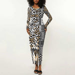 Africa Tribal Pattern Mixed Leopard Skin Long Sleeve Bodycon Dress - African Pride