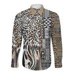 Africa Tribal Pattern Mixed Leopard Skin Long Sleeve Button Shirt - African Pride