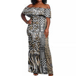 Africa Tribal Pattern Mixed Leopard Skin Off Shoulder Maxi Dress - African Pride