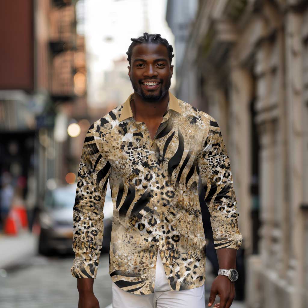 African Wild Animal Skins Long Sleeve Button Shirt Zebra Tiger Leopard Mix Skin - African Pride