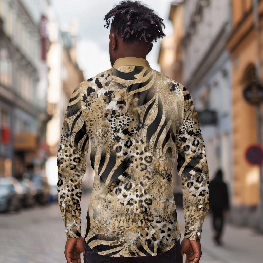 African Wild Animal Skins Long Sleeve Button Shirt Zebra Tiger Leopard Mix Skin - African Pride