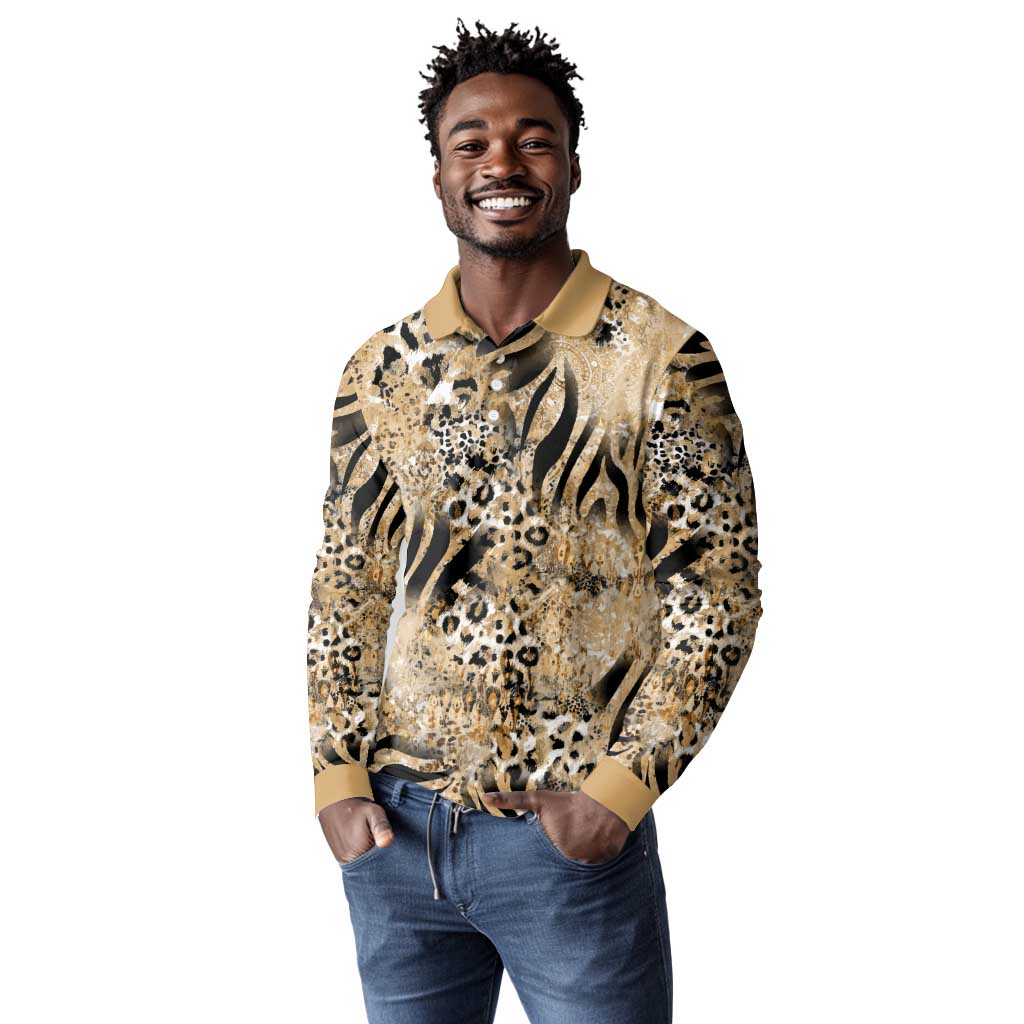 African Wild Animal Skins Long Sleeve Polo Shirt Zebra Tiger Leopard Mix Skin - African Pride