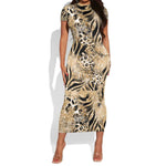 African Wild Animal Skins Short Sleeve Bodycon Dress Zebra Tiger Leopard Mix Skin - African Pride