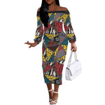 African Wild Animal Skins Off The Shoulder Long Sleeve Dress Triangles Pattern Afro Pattern Style - African Pride
