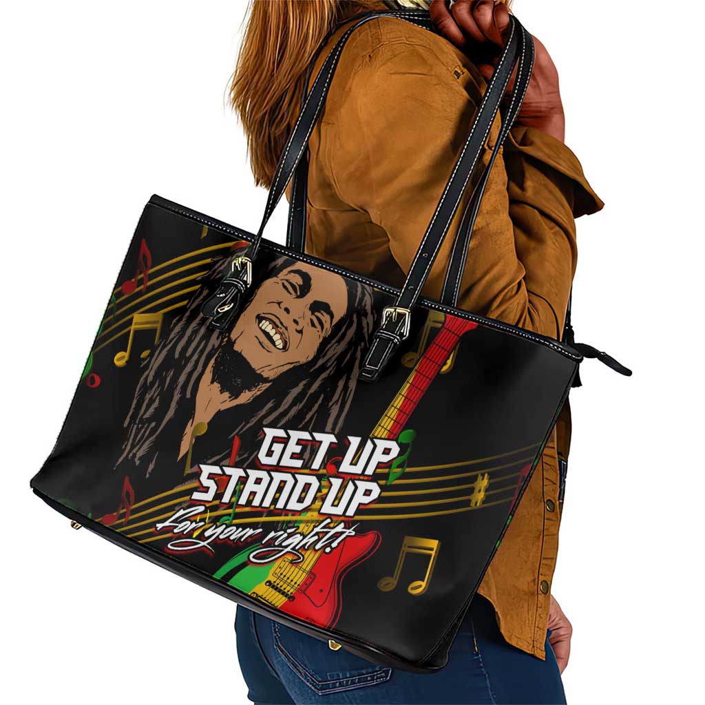 Legend Bob Get Up Stand Up Leather Tote Bag Black Jamaican Reggae Multicolored