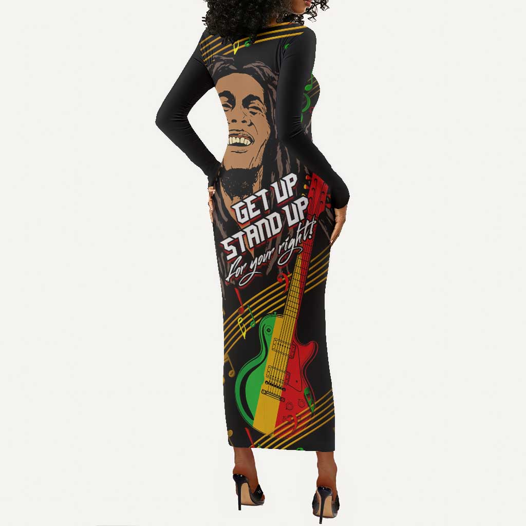 Legend Bob Get Up Stand Up Long Sleeve Bodycon Dress Black Jamaican Reggae Multicolored LT9