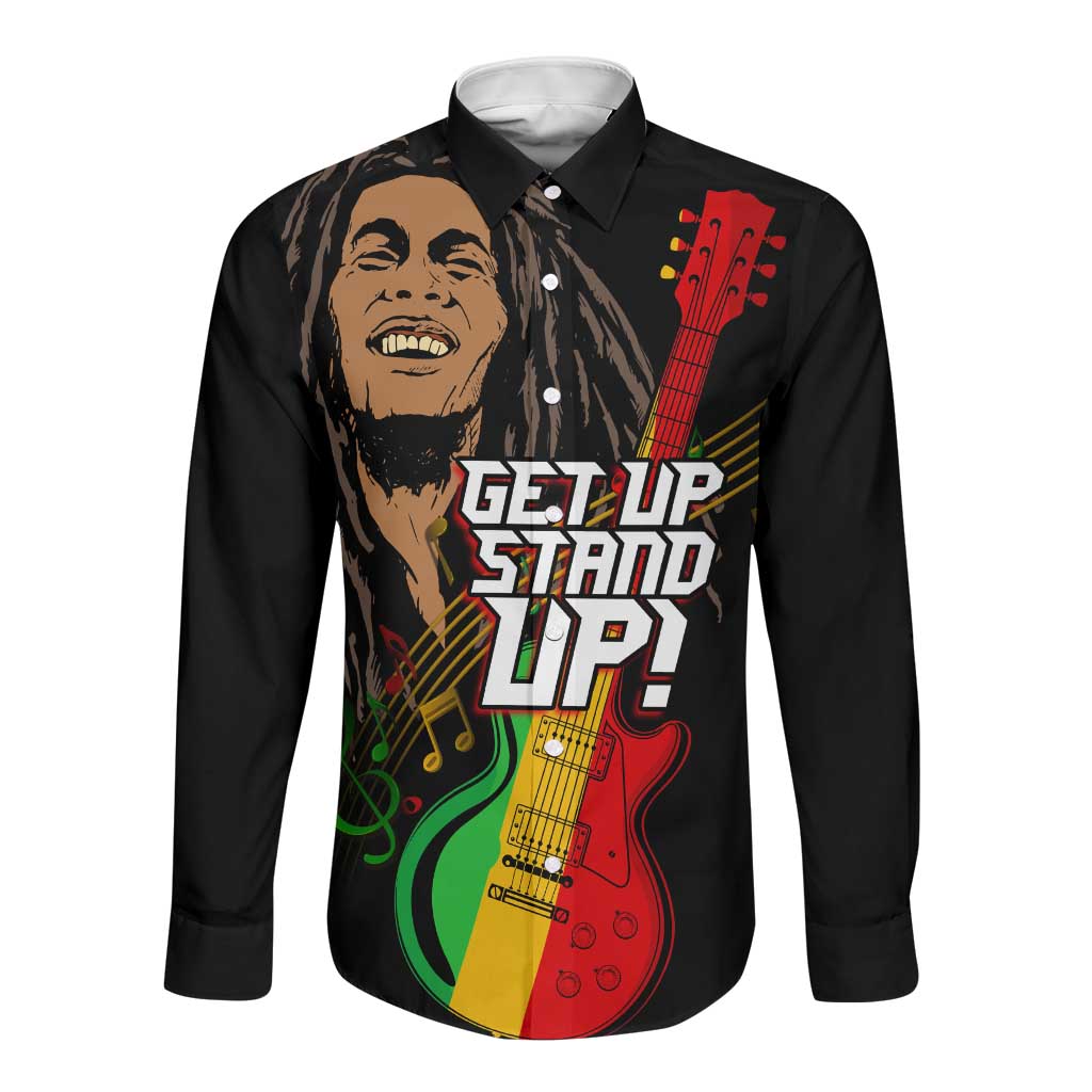 Legend Bob Get Up Stand Up Long Sleeve Button Shirt Black Jamaican Reggae Multicolored
