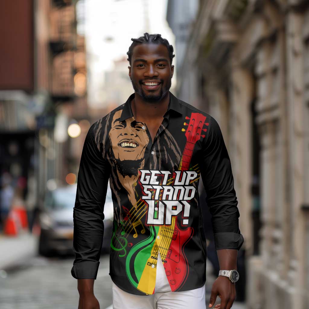 Legend Bob Get Up Stand Up Long Sleeve Button Shirt Black Jamaican Reggae Multicolored
