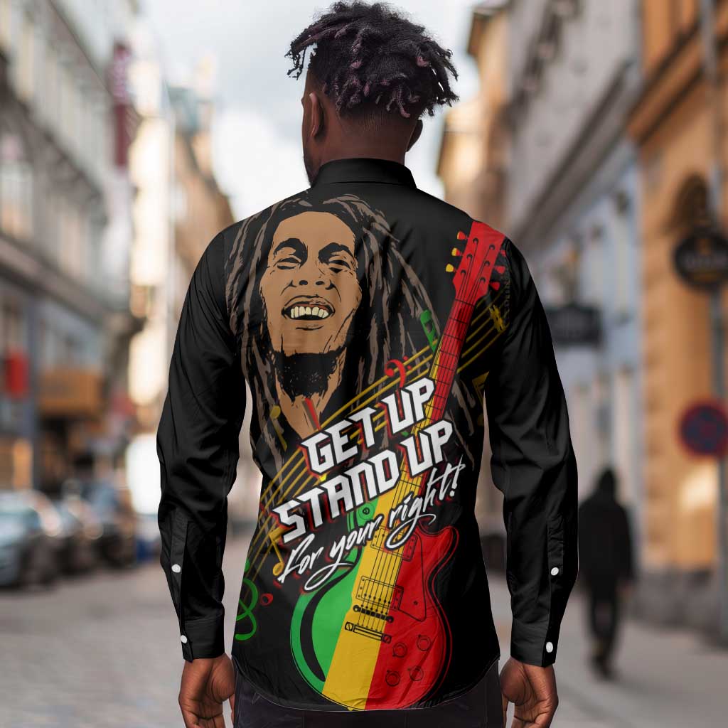 Legend Bob Get Up Stand Up Long Sleeve Button Shirt Black Jamaican Reggae Multicolored