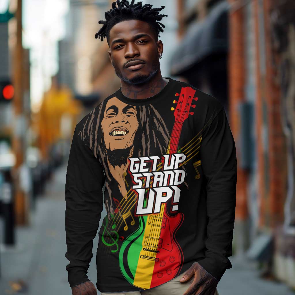Legend Bob Get Up Stand Up Long Sleeve Shirt Black Jamaican Reggae Multicolored