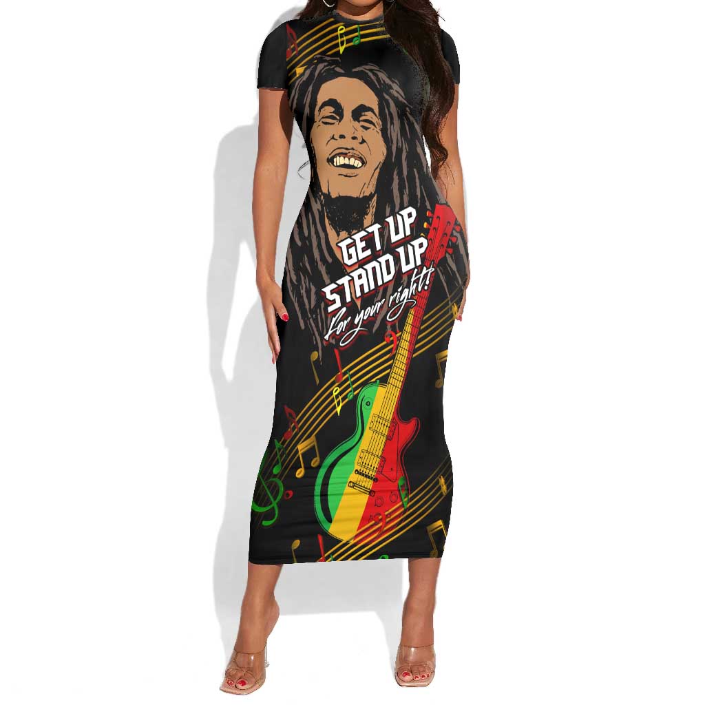 Legend Bob Get Up Stand Up Short Sleeve Bodycon Dress Black Jamaican Reggae Multicolored LT9