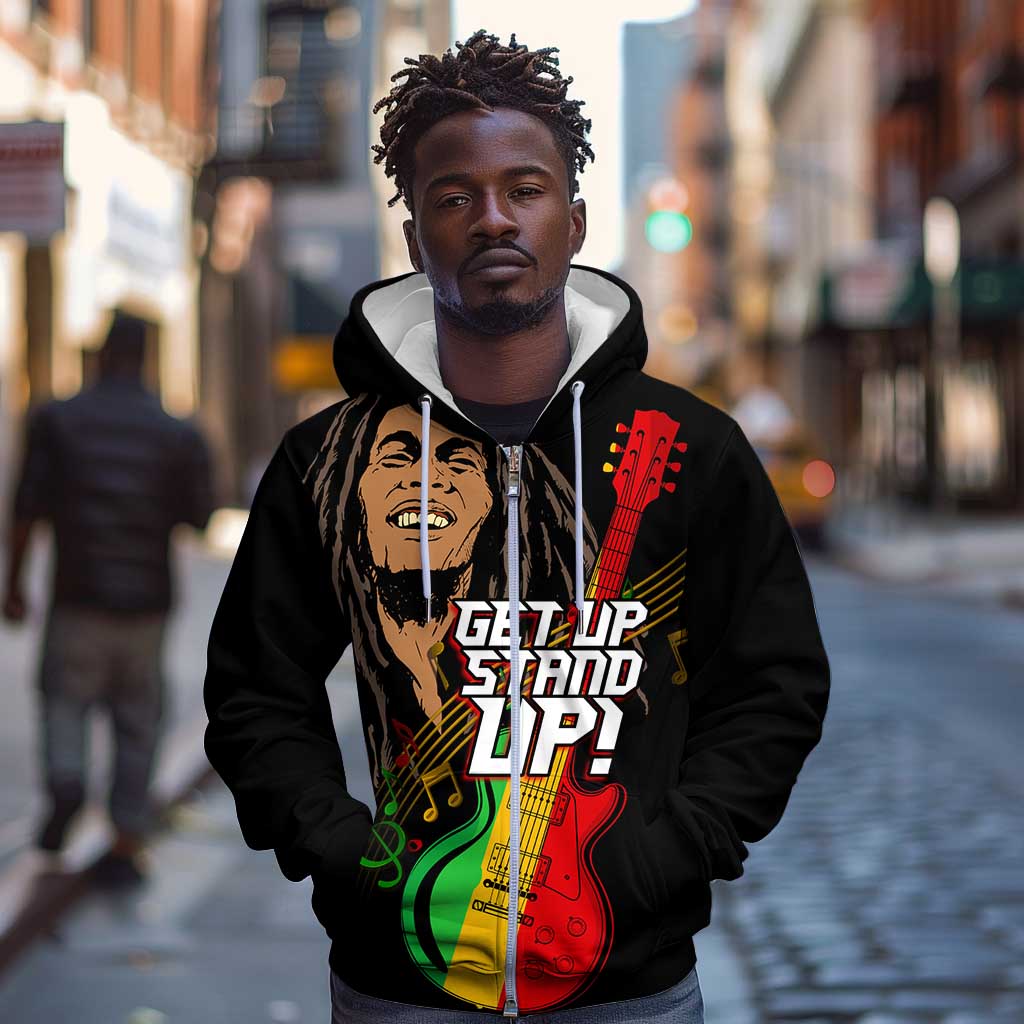 Legend Bob Get Up Stand Up Zip Hoodie Black Jamaican Reggae Multicolored