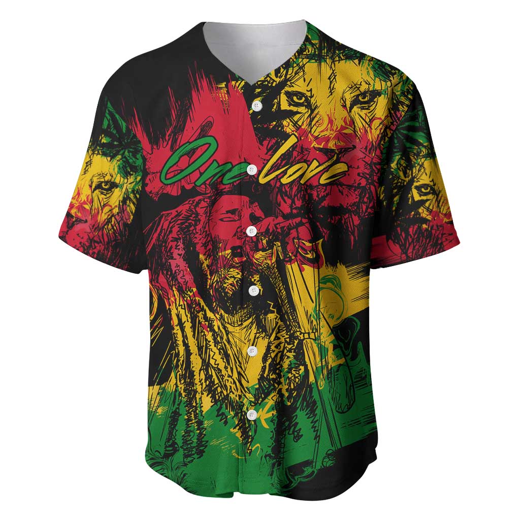 Rastafarian Lion Legend Bob Baseball Jersey Black Jamaican Reggae Festival Sketch Portrait