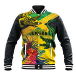 Personalized Black Jamaicans Crocodile Baseball Jacket Tropical Flowers Grunge Flag - African Pride