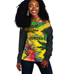 Personalized Black Jamaicans Crocodile Off Shoulder Sweater Tropical Flowers Grunge Flag - African Pride
