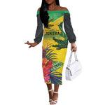 Personalized Black Jamaicans Crocodile Off The Shoulder Long Sleeve Dress Tropical Flowers Grunge Flag - African Pride