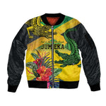 Personalized Black Jamaicans Crocodile Sleeve Zip Bomber Jacket Tropical Flowers Grunge Flag - African Pride