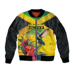 Personalized Black Jamaicans Hummingbird Sleeve Zip Bomber Jacket Tropical Flowers Grunge Flag - African Pride