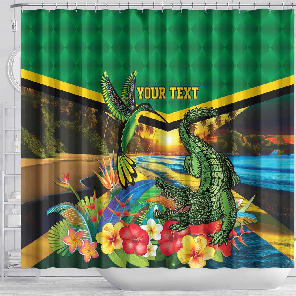 African-American Jamica Personalized Shower Curtain Hummingbird and Crocodiles Tropical