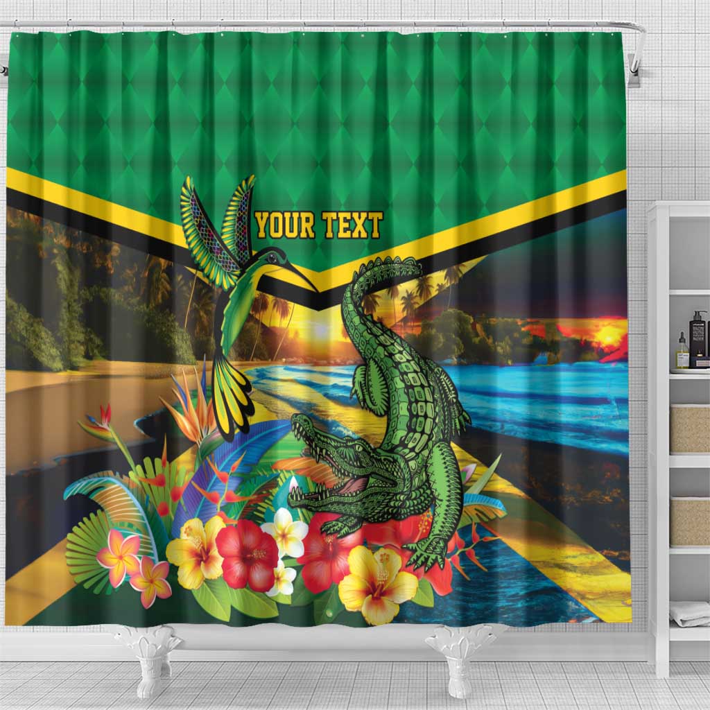 African-American Jamica Personalized Shower Curtain Hummingbird and Crocodiles Tropical