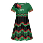 Custom Cricket Africa Kenya Kid Short Sleeve Dress Green Lion Head with Kenyan Pattern - African Pride