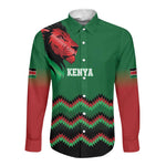Custom Cricket Africa Kenya Long Sleeve Button Shirt Green Lion Head with Kenyan Pattern - African Pride