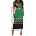 Custom Cricket Africa Kenya Short Sleeve Bodycon Dress Green Lion Head with Kenyan Pattern - African Pride