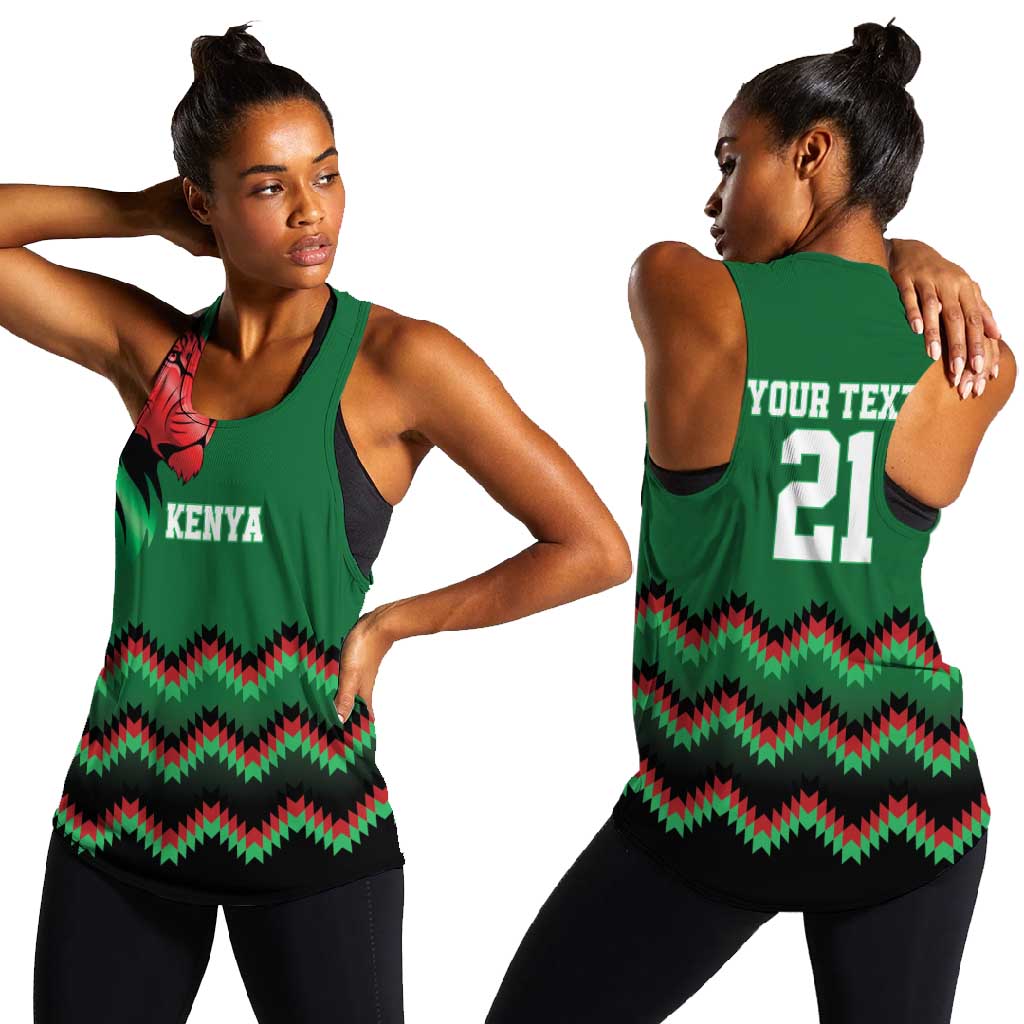 Custom Cricket Africa Kenya Women Racerback Tank Green Lion Head with Kenyan Pattern - African Pride