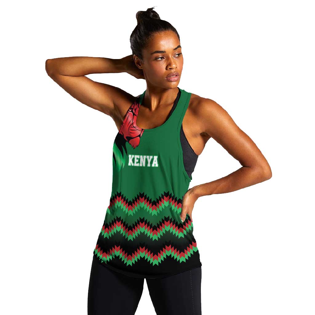 Custom Cricket Africa Kenya Women Racerback Tank Green Lion Head with Kenyan Pattern - African Pride