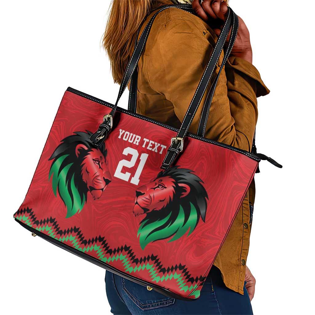 Custom Cricket Africa Kenya Leather Tote Bag Red Lion Head with Kenyan Pattern - African Pride