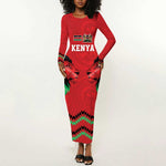 Custom Cricket Africa Kenya Long Sleeve Bodycon Dress Red Lion Head with Kenyan Pattern - African Pride