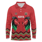 Custom Cricket Africa Kenya Long Sleeve Polo Shirt Red Lion Head with Kenyan Pattern - African Pride
