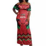 Custom Cricket Africa Kenya Off Shoulder Maxi Dress Red Lion Head with Kenyan Pattern - African Pride