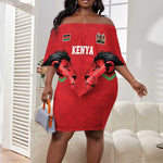 Custom Cricket Africa Kenya Off Shoulder Short Dress Red Lion Head with Kenyan Pattern - African Pride