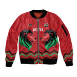 Custom Cricket Africa Kenya Sleeve Zip Bomber Jacket Red Lion Head with Kenyan Pattern - African Pride