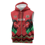 Custom Cricket Africa Kenya Sleeveless Zip Hoodie Red Lion Head with Kenyan Pattern - African Pride