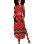 Custom Cricket Africa Kenya Summer Maxi Dress Red Lion Head with Kenyan Pattern - African Pride