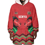 Custom Cricket Africa Kenya Wearable Blanket Hoodie Red Lion Head with Kenyan Pattern - African Pride