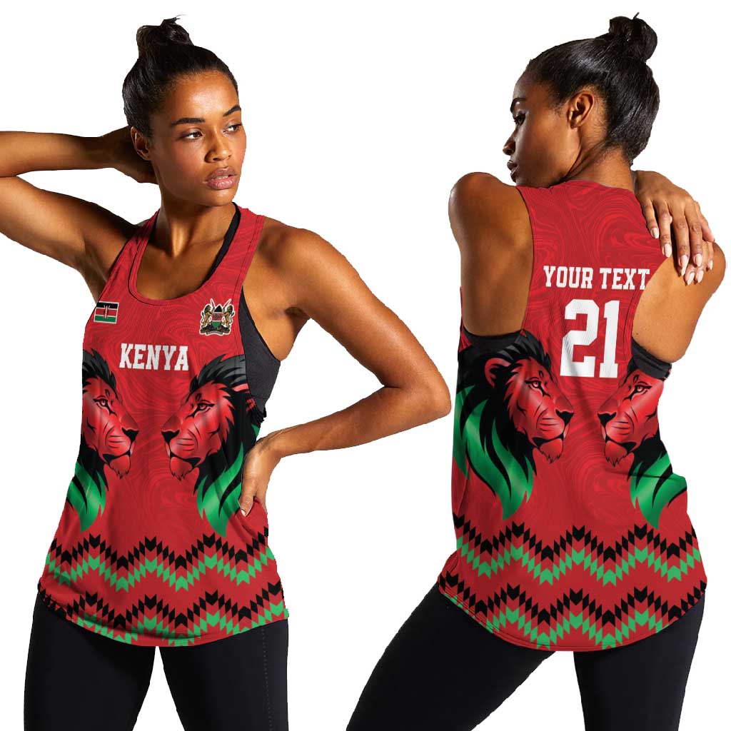 Custom Cricket Africa Kenya Women Racerback Tank Red Lion Head with Kenyan Pattern - African Pride