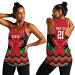Custom Cricket Africa Kenya Women Racerback Tank Red Lion Head with Kenyan Pattern - African Pride