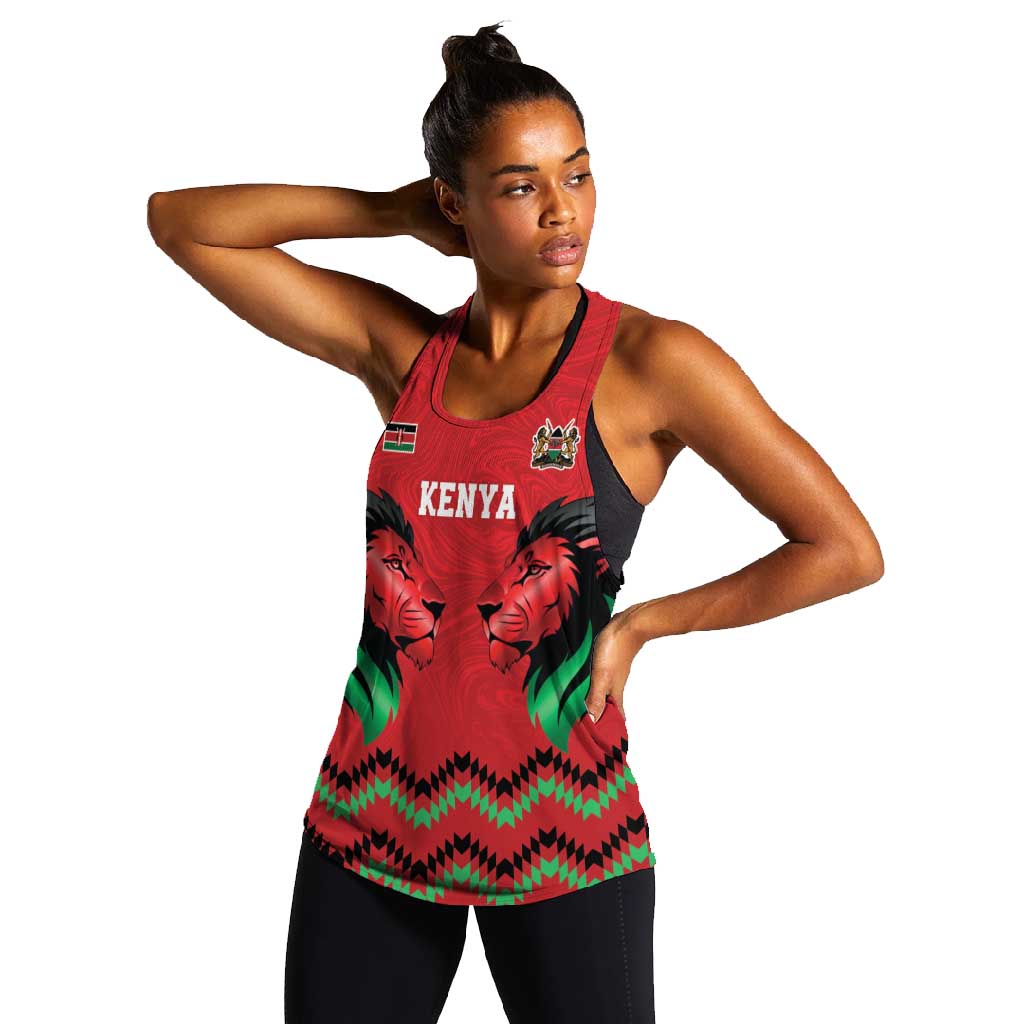 Custom Cricket Africa Kenya Women Racerback Tank Red Lion Head with Kenyan Pattern - African Pride