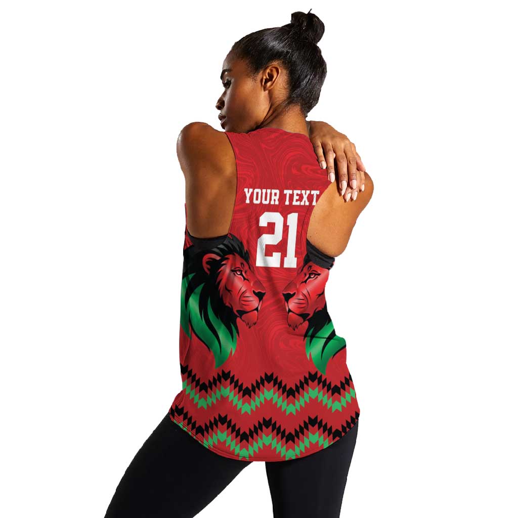 Custom Cricket Africa Kenya Women Racerback Tank Red Lion Head with Kenyan Pattern - African Pride