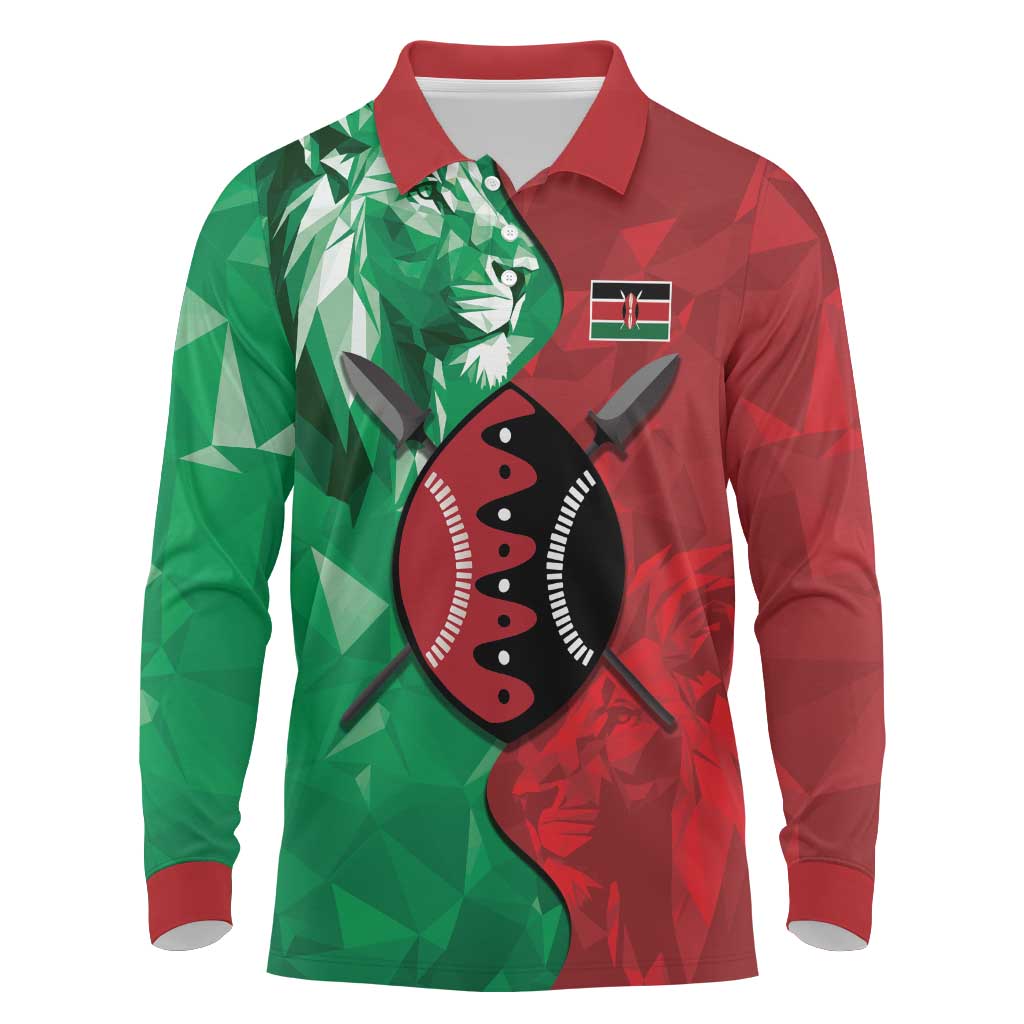 Personalized Kenya Maasai Shield Long Sleeve Polo Shirt Green Red Kenyan Lion Half Style - African Pride