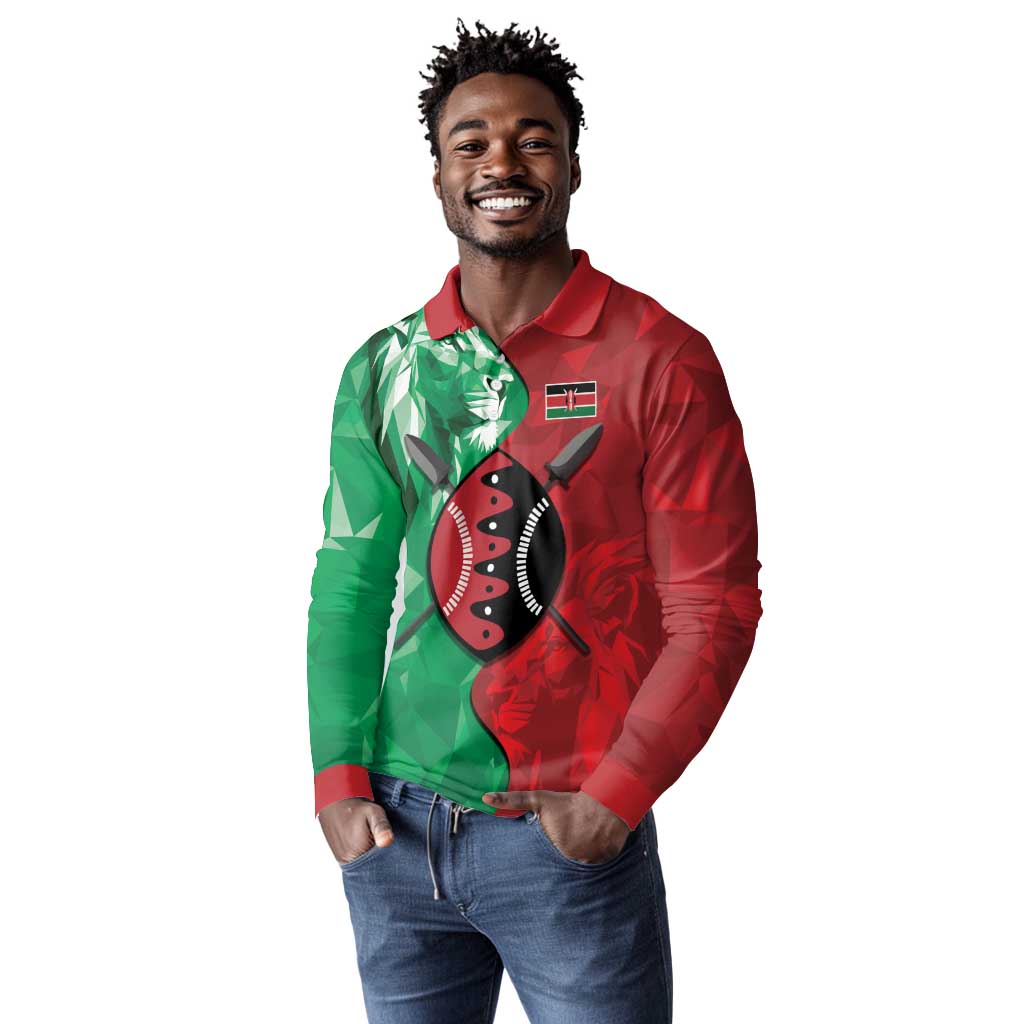 Personalized Kenya Maasai Shield Long Sleeve Polo Shirt Green Red Kenyan Lion Half Style - African Pride
