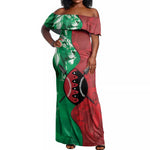Personalized Kenya Maasai Shield Off Shoulder Maxi Dress Green Red Kenyan Lion Half Style - African Pride