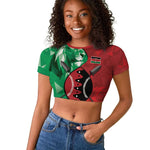 Personalized Kenya Maasai Shield Raglan Cropped T shirt Green Red Kenyan Lion Half Style - African Pride