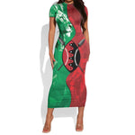 Personalized Kenya Maasai Shield Short Sleeve Bodycon Dress Green Red Kenyan Lion Half Style - African Pride