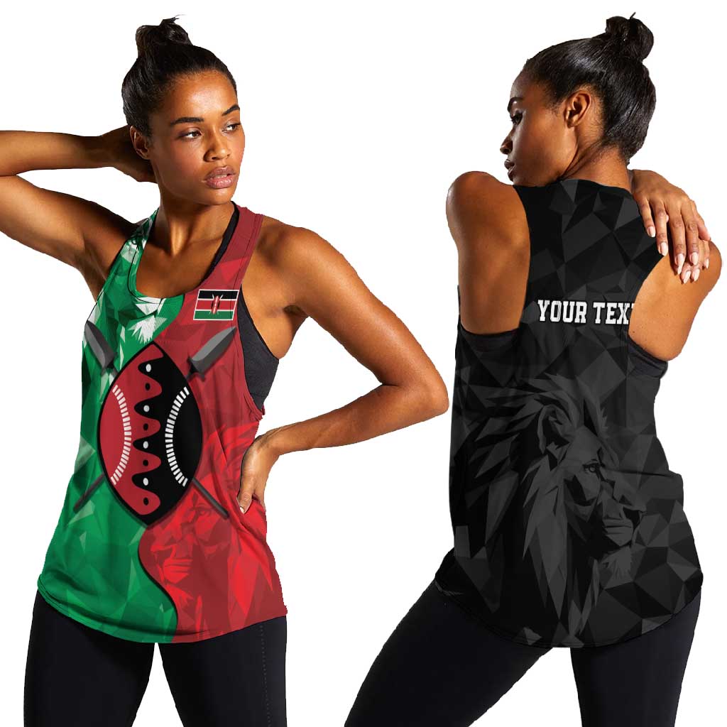 Personalized Kenya Maasai Shield Women Racerback Tank Green Red Kenyan Lion Half Style - African Pride
