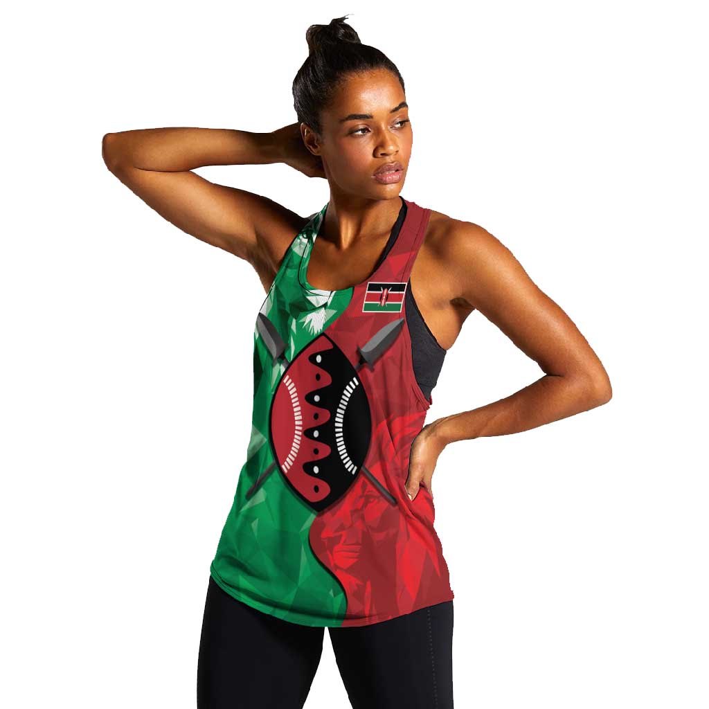 Personalized Kenya Maasai Shield Women Racerback Tank Green Red Kenyan Lion Half Style - African Pride